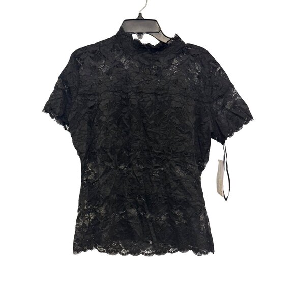 Guess Lace Black Short Sleeve Blouse Womens Size L Elegant Stretch Design - Picture 1 of 5